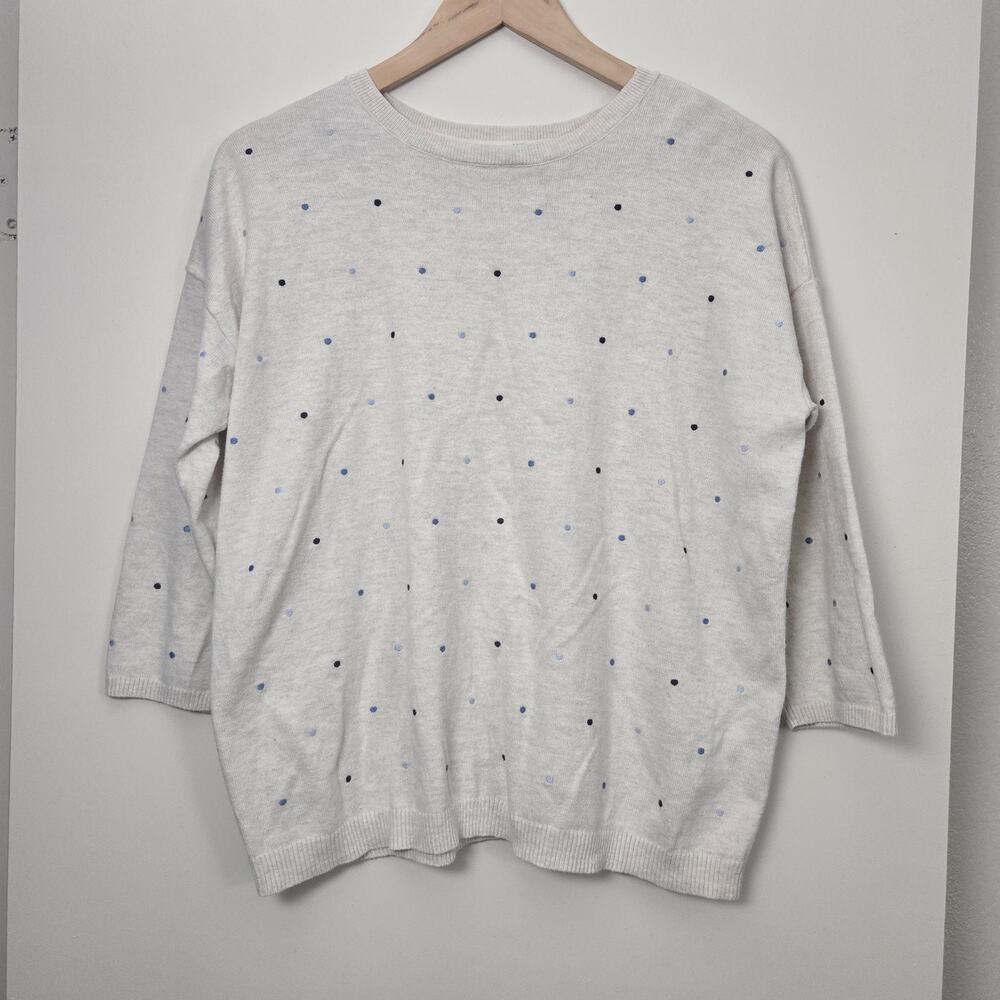 J. Jill Polka Dot Embroidered Sweater Size M Cream Oatmeal 3/4 Sleeve Cotton